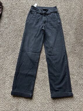 Express NWT High Waisted Asymmetric Wide Leg Trouser Jeans Black Size 4 Long